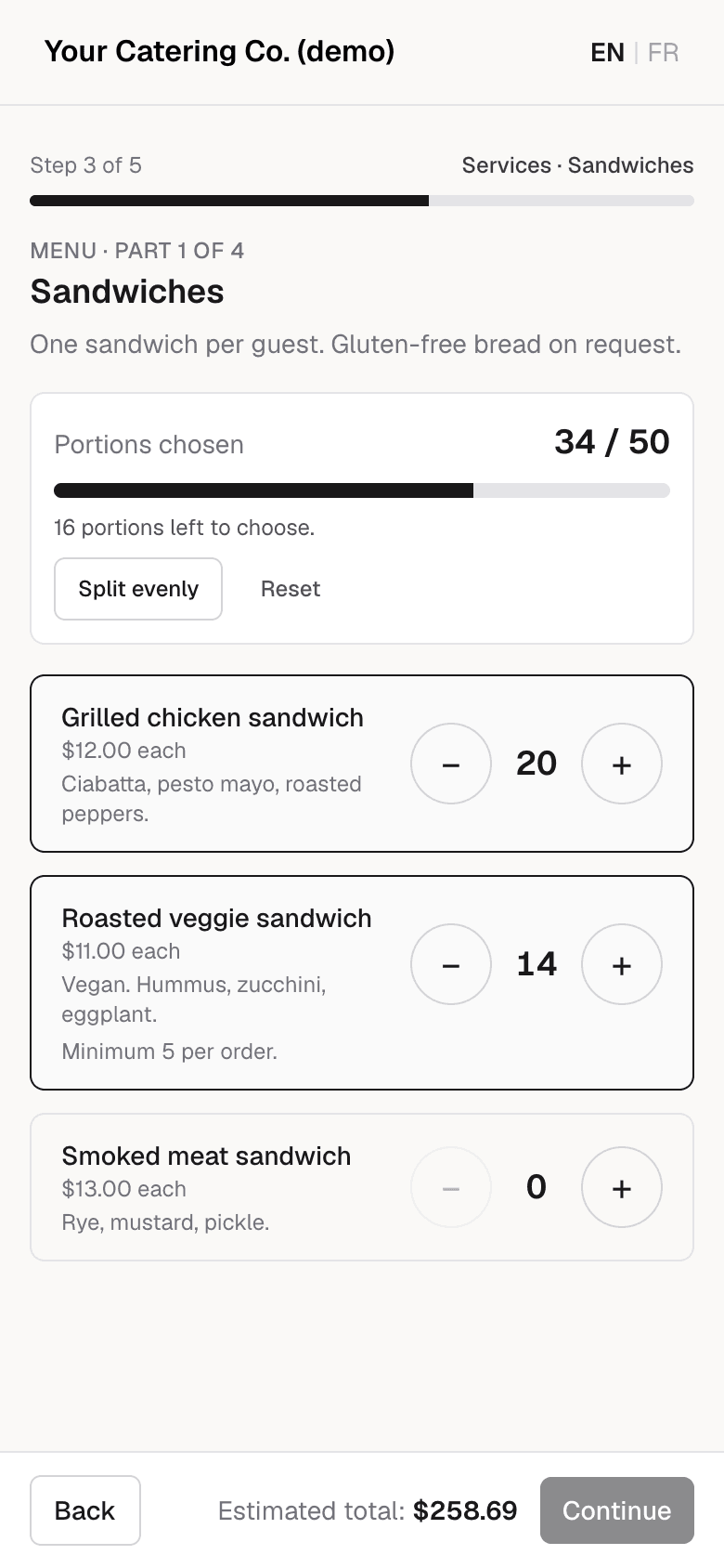 The Sandwiches step on a phone: a counter reading 34 of 50 portions chosen, with plus and minus buttons beside each sandwich.