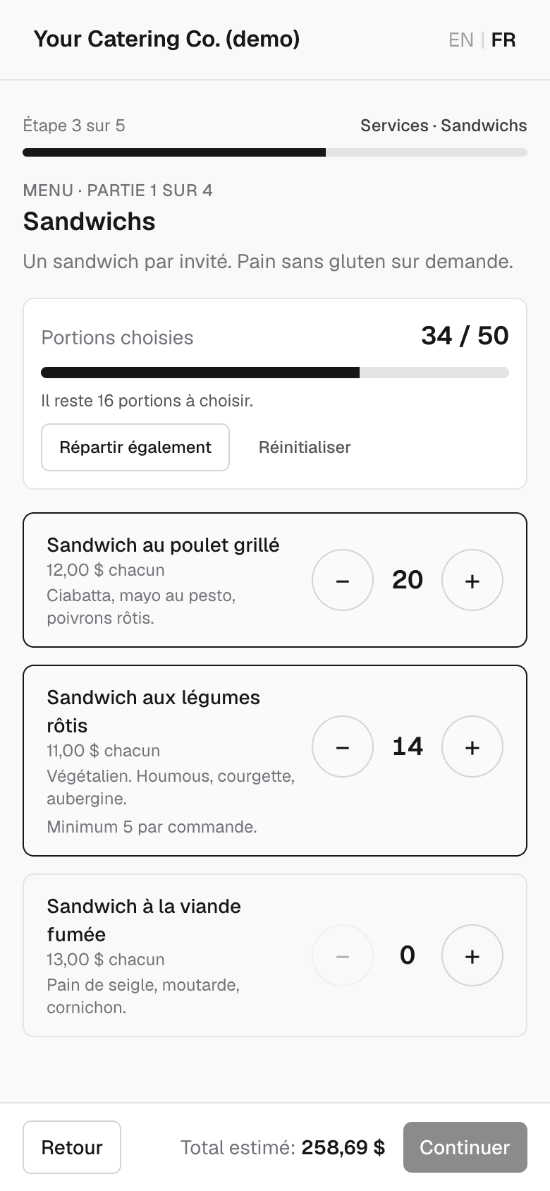 L’étape Sandwichs sur un téléphone : un compteur indiquant 34 portions sur 50, avec des boutons plus et moins à côté de chaque sandwich.